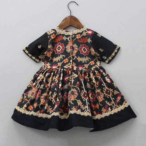 Pre-Order: Black Ikkat Print Hand Embroidery Gown