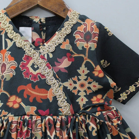 Pre-Order: Black Ikkat Print Hand Embroidery Gown