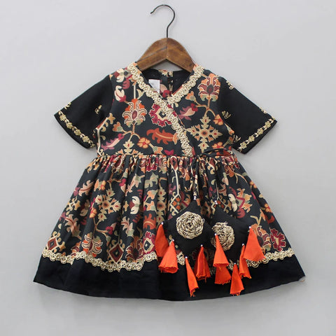 Pre-Order: Black Ikkat Print Hand Embroidery Gown