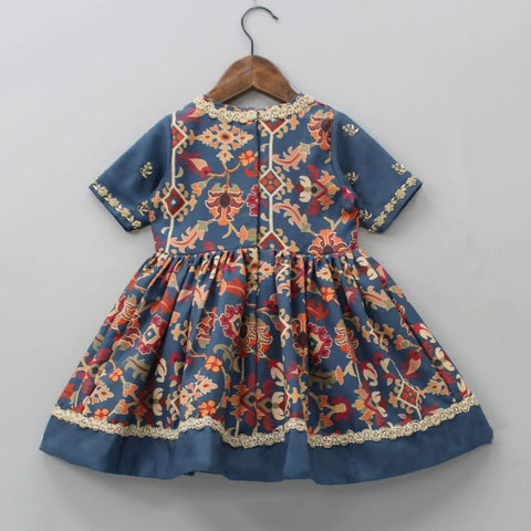 Pre-Order: Sapphire Blue Ikkat Print Hand Embroidery Gown