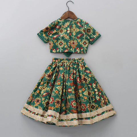 Pre-Order: Bottle Green Ikkat Printed Embroidered Blouse With Ghagara Set