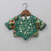 Pre-Order: Bottle Green Ikkat Printed Embroidered Blouse With Ghagara Set