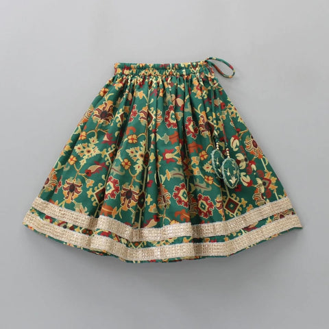 Pre-Order: Bottle Green Ikkat Printed Embroidered Blouse With Ghagara Set