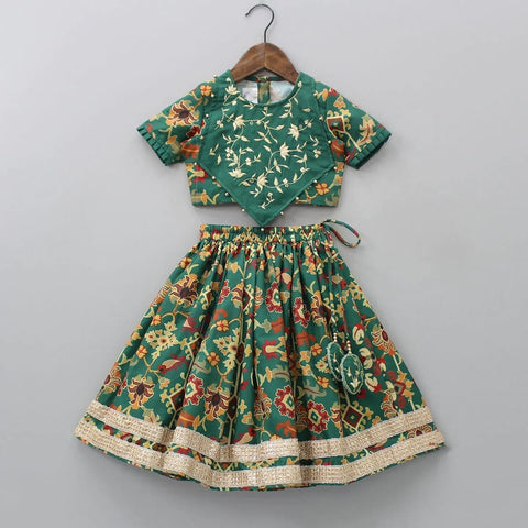 Pre-Order: Bottle Green Ikkat Printed Embroidered Blouse With Ghagara Set