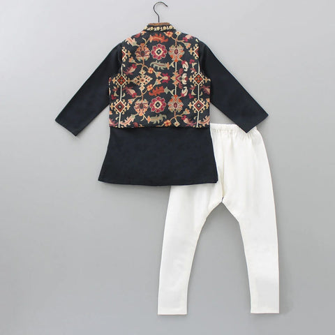 Pre-Order: Black Kurta With Ikkat Print Jacket With Hand Embroidered With Churidar Set