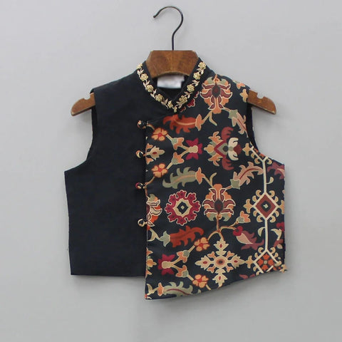 Pre-Order: Black Kurta With Ikkat Print Jacket With Hand Embroidered With Churidar Set