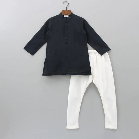 Pre-Order: Black Kurta With Ikkat Print Jacket With Hand Embroidered With Churidar Set