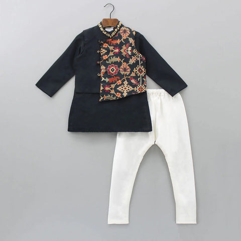 Pre-Order: Black Kurta With Ikkat Print Jacket With Hand Embroidered With Churidar Set