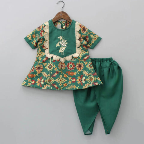 Pre-Order: Bottle Green Ikkat Print Embroidered Kurti With Dhoti Pant Set