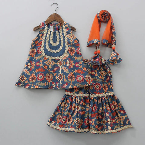 Pre-Order: Sapphire Blue Ikkat Print Top With Sharara Set With Dupatta
