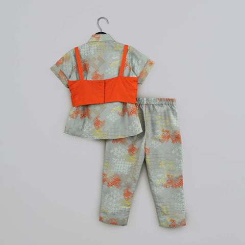 Pre-Order: Grey Geometrical Printed Shirt With Hand Embroidered Jacket And Printed Pant Set