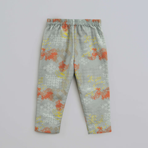 Pre-Order: Grey Geometrical Printed Shirt With Hand Embroidered Jacket And Printed Pant Set