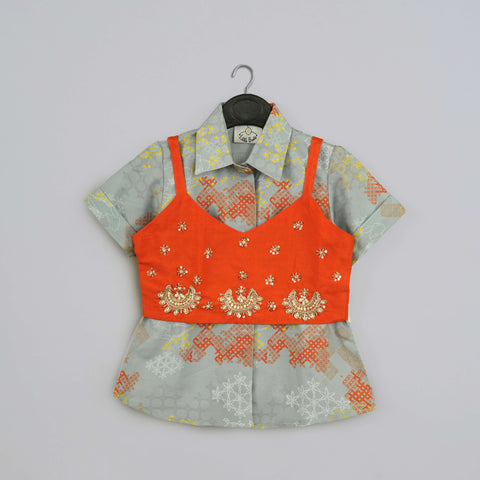 Pre-Order: Grey Geometrical Printed Shirt With Hand Embroidered Jacket And Printed Pant Set