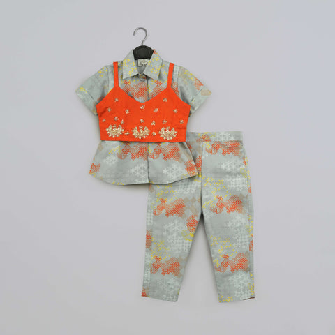 Pre-Order: Grey Geometrical Printed Shirt With Hand Embroidered Jacket And Printed Pant Set