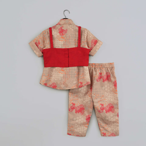 Pre-Order: Beige Geometrical Printed Shirt With Hand Embroidered Jacket And Printed Pant Set