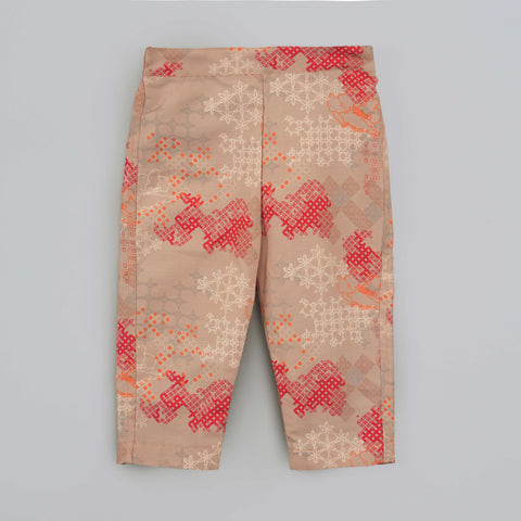 Pre-Order: Beige Geometrical Printed Shirt With Hand Embroidered Jacket And Printed Pant Set