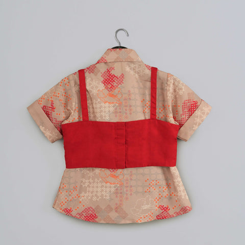 Pre-Order: Beige Geometrical Printed Shirt With Hand Embroidered Jacket And Printed Pant Set