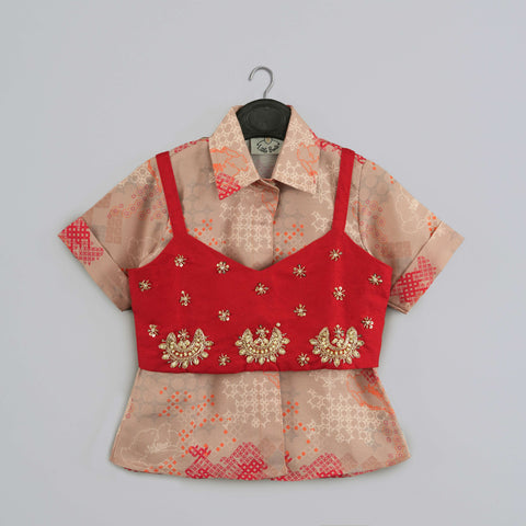 Pre-Order: Beige Geometrical Printed Shirt With Hand Embroidered Jacket And Printed Pant Set