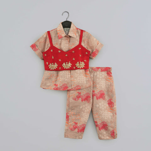 Pre-Order: Beige Geometrical Printed Shirt With Hand Embroidered Jacket And Printed Pant Set