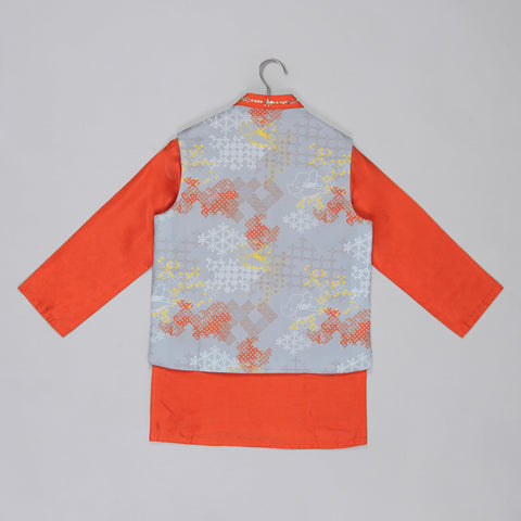 Pre-Order: Orange Kurta With Grey Geometrical Printed Bundi Jacket With Hand Embroidery And Pajama Set