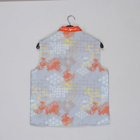 Pre-Order: Orange Kurta With Grey Geometrical Printed Bundi Jacket With Hand Embroidery And Pajama Set