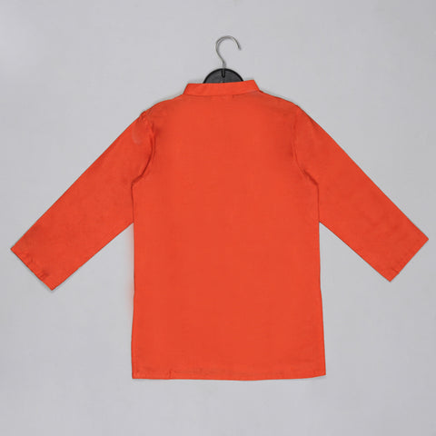 Pre-Order: Orange Kurta With Grey Geometrical Printed Bundi Jacket With Hand Embroidery And Pajama Set