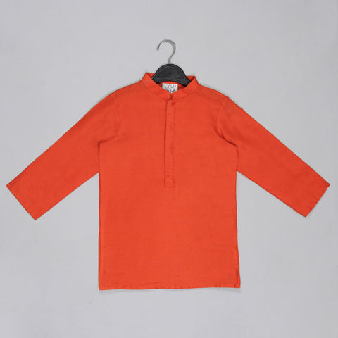 Pre-Order: Orange Kurta With Grey Geometrical Printed Bundi Jacket With Hand Embroidery And Pajama Set