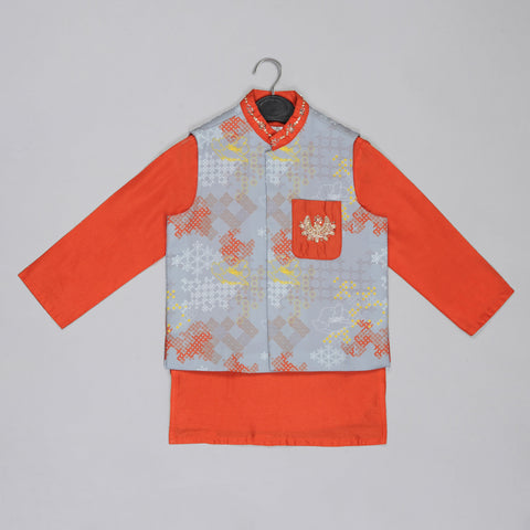 Pre-Order: Orange Kurta With Grey Geometrical Printed Bundi Jacket With Hand Embroidery And Pajama Set