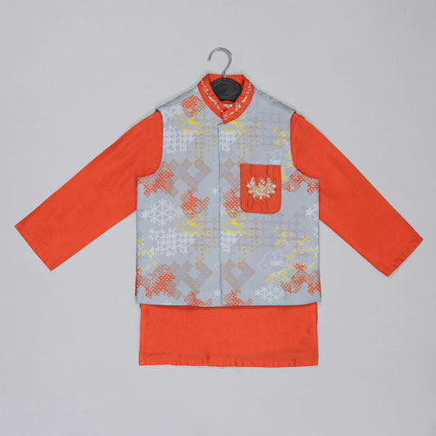 Pre-Order: Orange Kurta With Grey Geometrical Printed Bundi Jacket With Hand Embroidery And Pajama Set