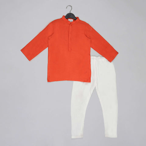 Pre-Order: Orange Kurta With Grey Geometrical Printed Bundi Jacket With Hand Embroidery And Pajama Set