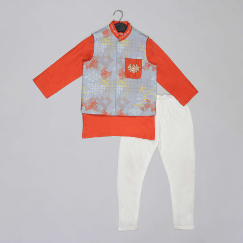 Pre-Order: Orange Kurta With Grey Geometrical Printed Bundi Jacket With Hand Embroidery And Pajama Set
