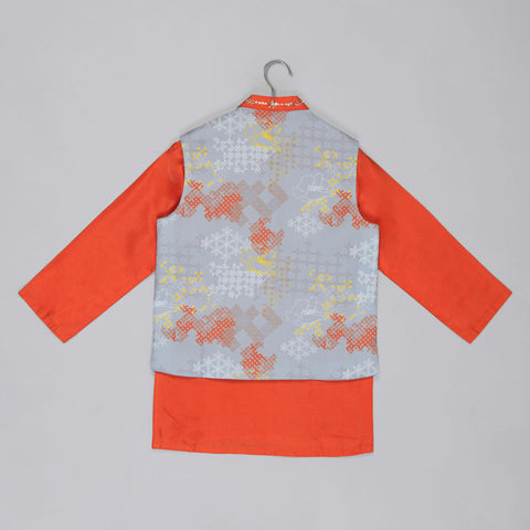 Pre-Order: Orange Kurta With Grey Geometrical Printed Bundi Jacket With Hand Embroidery And Pajama Set