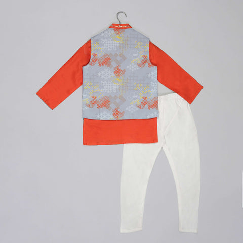Pre-Order: Orange Kurta With Grey Geometrical Printed Bundi Jacket With Hand Embroidery And Pajama Set