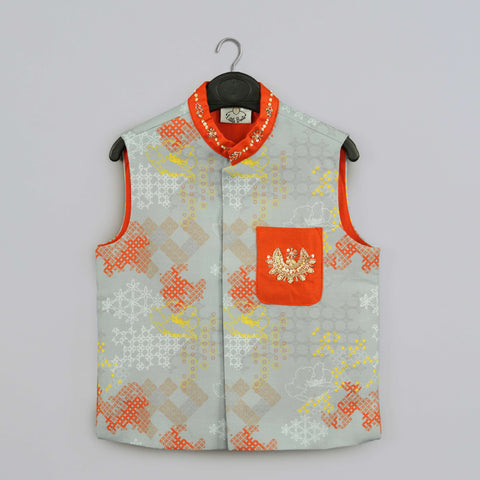 Pre-Order: Orange Kurta With Grey Geometrical Printed Bundi Jacket With Hand Embroidery And Pajama Set