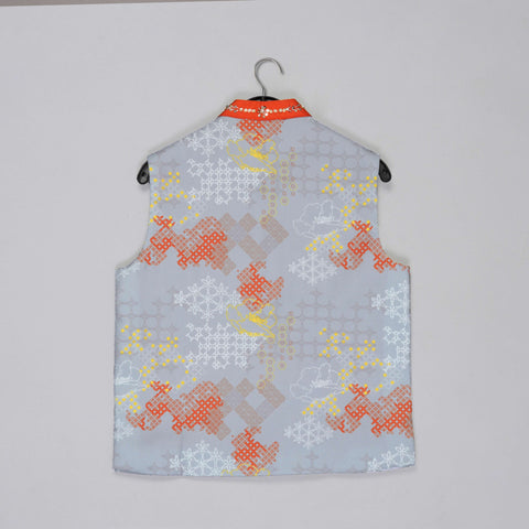 Pre-Order: Orange Kurta With Grey Geometrical Printed Bundi Jacket With Hand Embroidery And Pajama Set