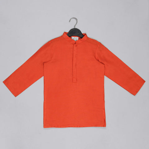 Pre-Order: Orange Kurta With Grey Geometrical Printed Bundi Jacket With Hand Embroidery And Pajama Set