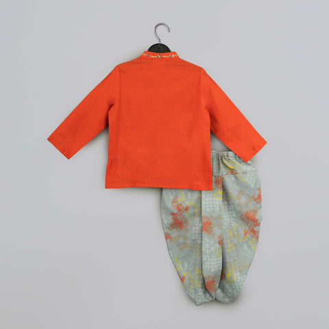 Pre-Order: Orange Hand Embroidery Kurta With Grey Geometrical Printed Dhoti Set