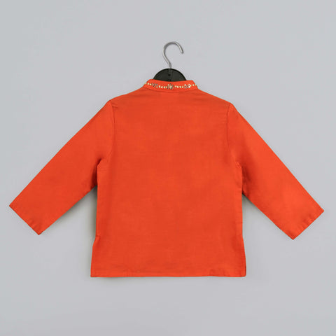 Pre-Order: Orange Hand Embroidery Kurta With Grey Geometrical Printed Dhoti Set