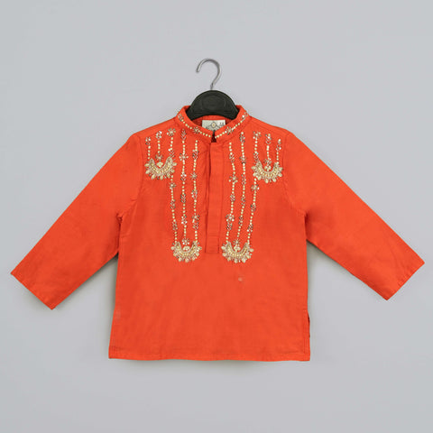Pre-Order: Orange Hand Embroidery Kurta With Grey Geometrical Printed Dhoti Set