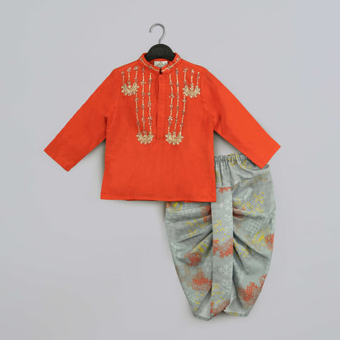 Pre-Order: Orange Hand Embroidery Kurta With Grey Geometrical Printed Dhoti Set