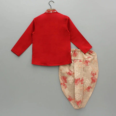 Pre-Order: Redish Hand Embroidery Kurta With Beige Geometrical Printed Dhoti Set