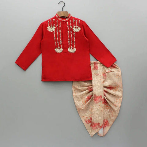 Pre-Order: Redish Hand Embroidery Kurta With Beige Geometrical Printed Dhoti Set