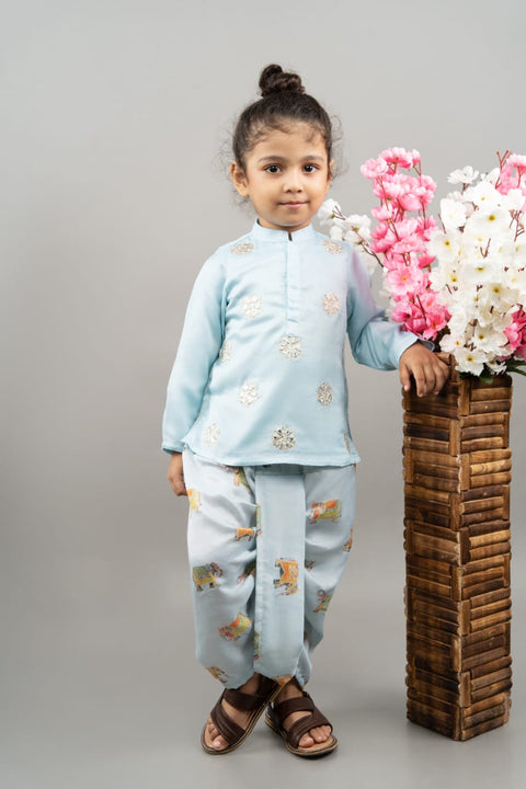 Pre-Order: Powder Blue Gota Embroidery Kurta with Elephant Printed Dhoti Set