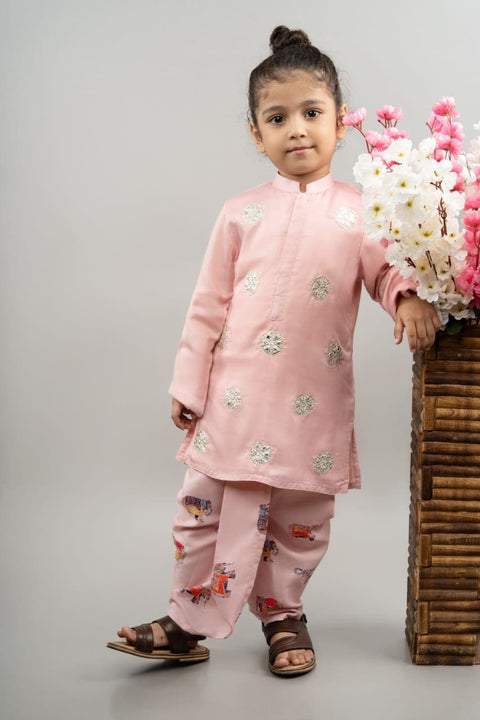 Pre-Order: Powder Pink Gota Embroidery Kurta with Elephant Printed Dhoti Set