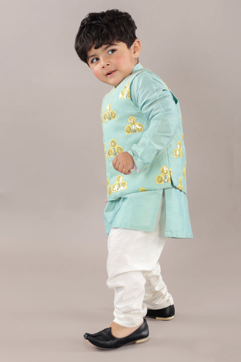 Pre-Order: Aqua Green Kurta With Flower Embroidery Jacket And Bottom Set