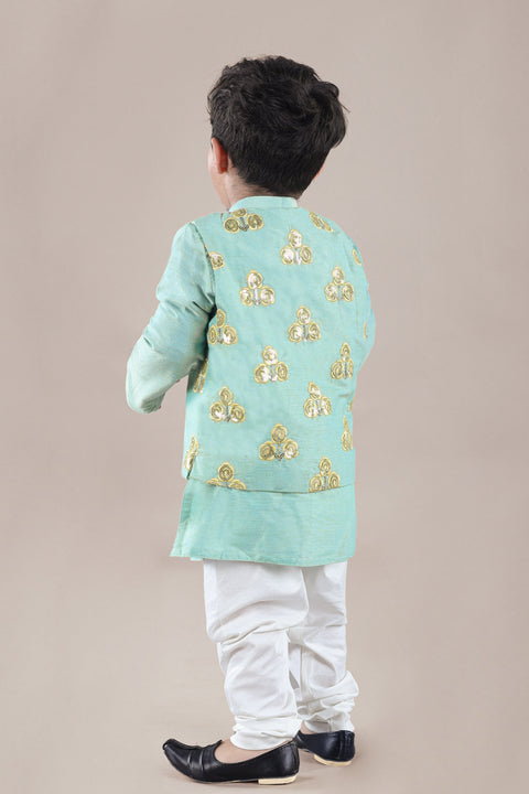 Pre-Order: Aqua Green Kurta With Flower Embroidery Jacket And Bottom Set