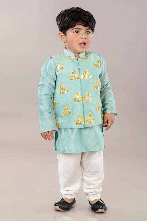 Pre-Order: Aqua Green Kurta With Flower Embroidery Jacket And Bottom Set