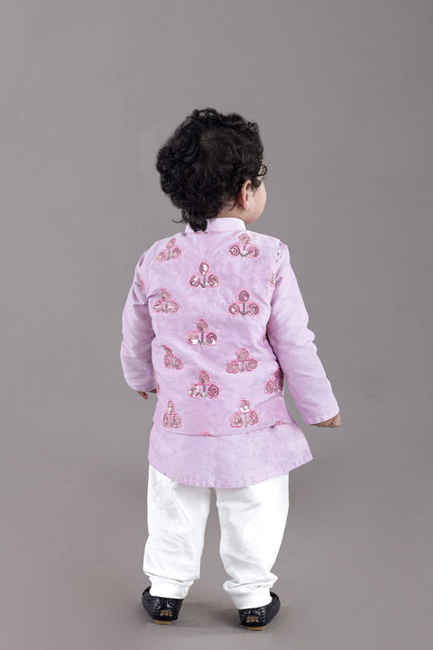 Pre-Order: Lavender Kurta With Flower Embroidery Jacket And Bottom Set