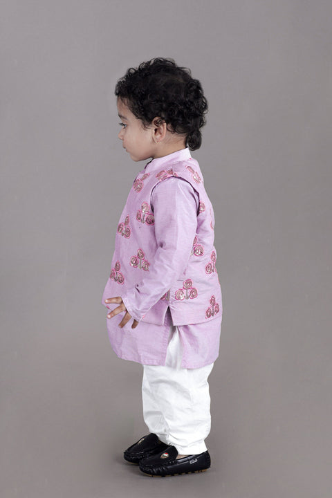 Pre-Order: Lavender Kurta With Flower Embroidery Jacket And Bottom Set