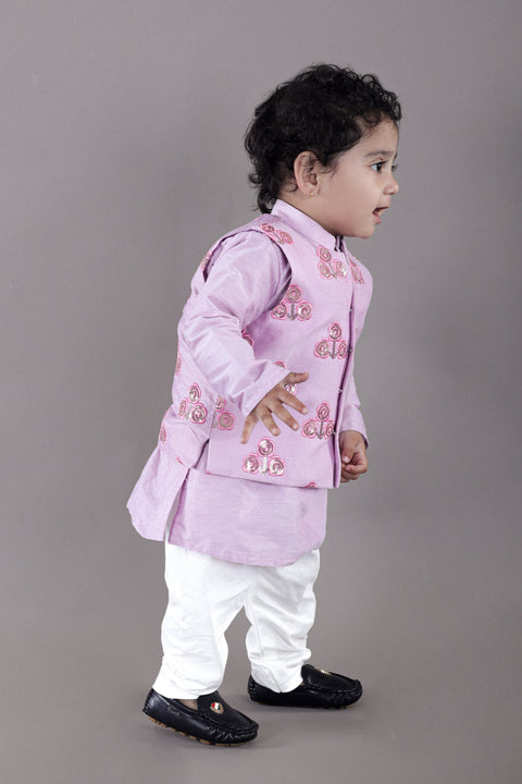 Pre-Order: Lavender Kurta With Flower Embroidery Jacket And Bottom Set